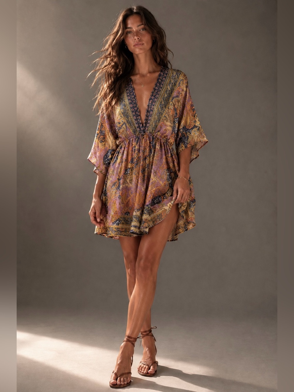 Mamey Paisley Kimono Sleeve Mini Dress Tassel Tie NWT